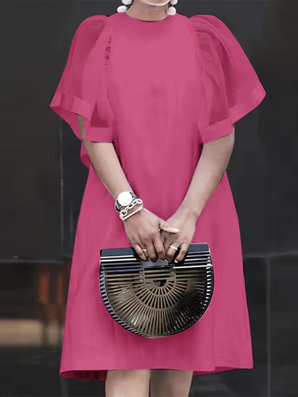 Short Sleeves Pleated See-Through Solid Color Split-Joint Round-Neck Mini Dresses Product Image