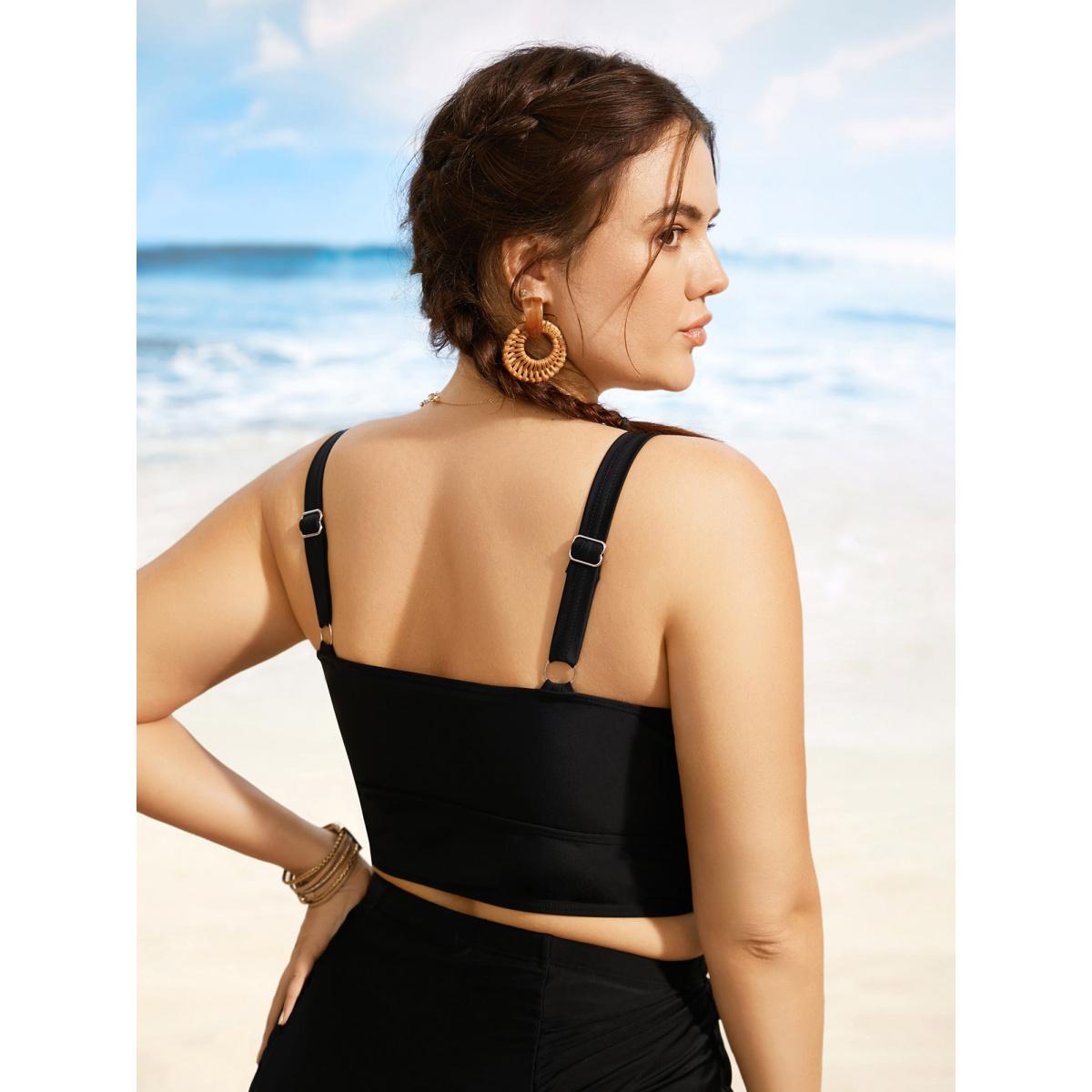 Plus Size Solid Cut Out Adjustable Straps Swim Top Women's Swimwear Black Beach Non High stretch Skinny Overlap Collar Curve Swim Tops BloomChic 22-24/3X Product Image