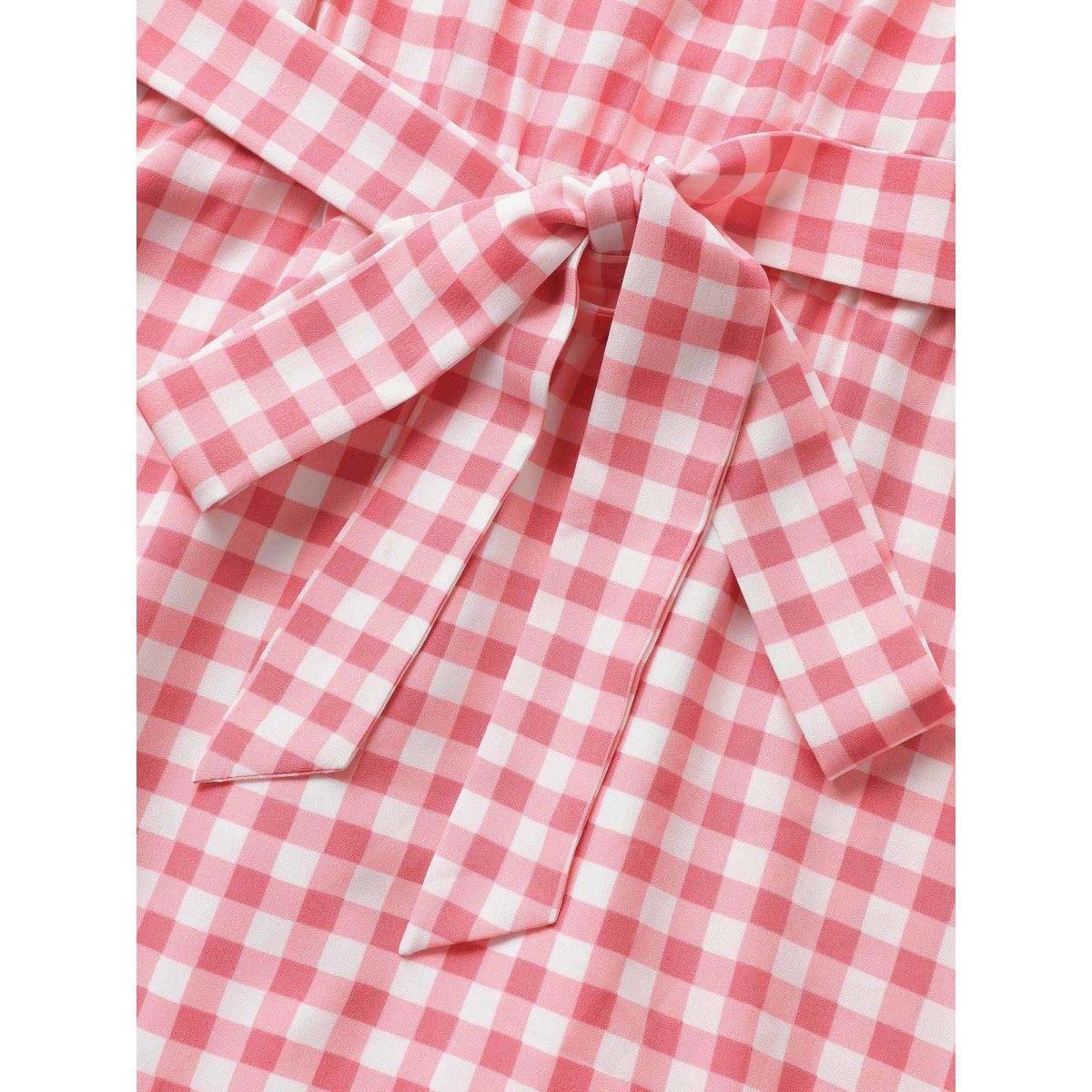 Plus Size Gingham Elastic Waist Sleeveless Maxi Dress Blush Women Casual Belted Round Neck Sleeveless Curvy BloomChic 10/M Product Image