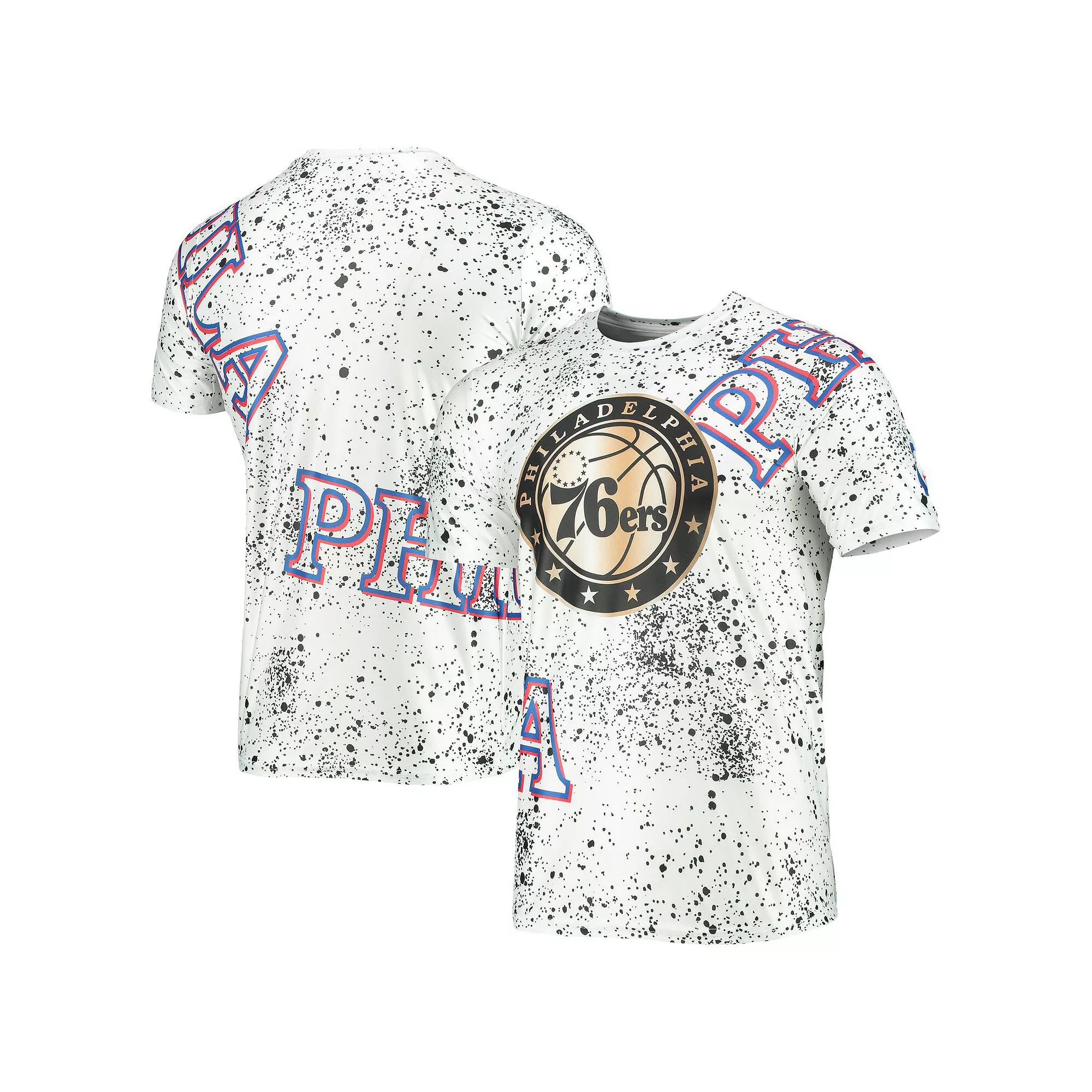 Men's White Philadelphia 76ers Gold Foil Splatter Print T-Shirt,  Product Image