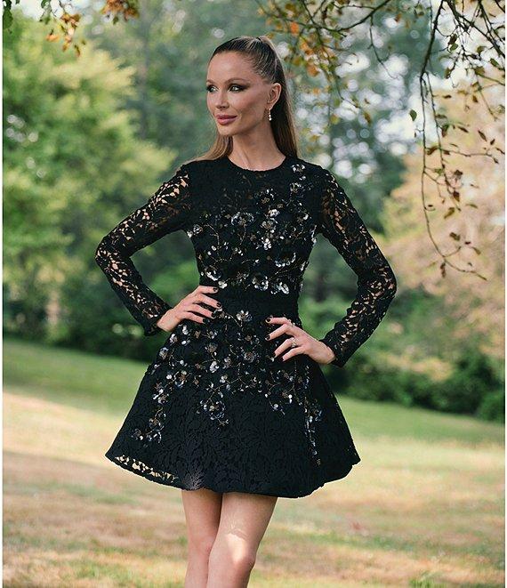 Muse by Marchesa Iris Schiffli Lace Floral Embroidered Round Neck Long Sleeve Fit and Flare Mini Dress Product Image