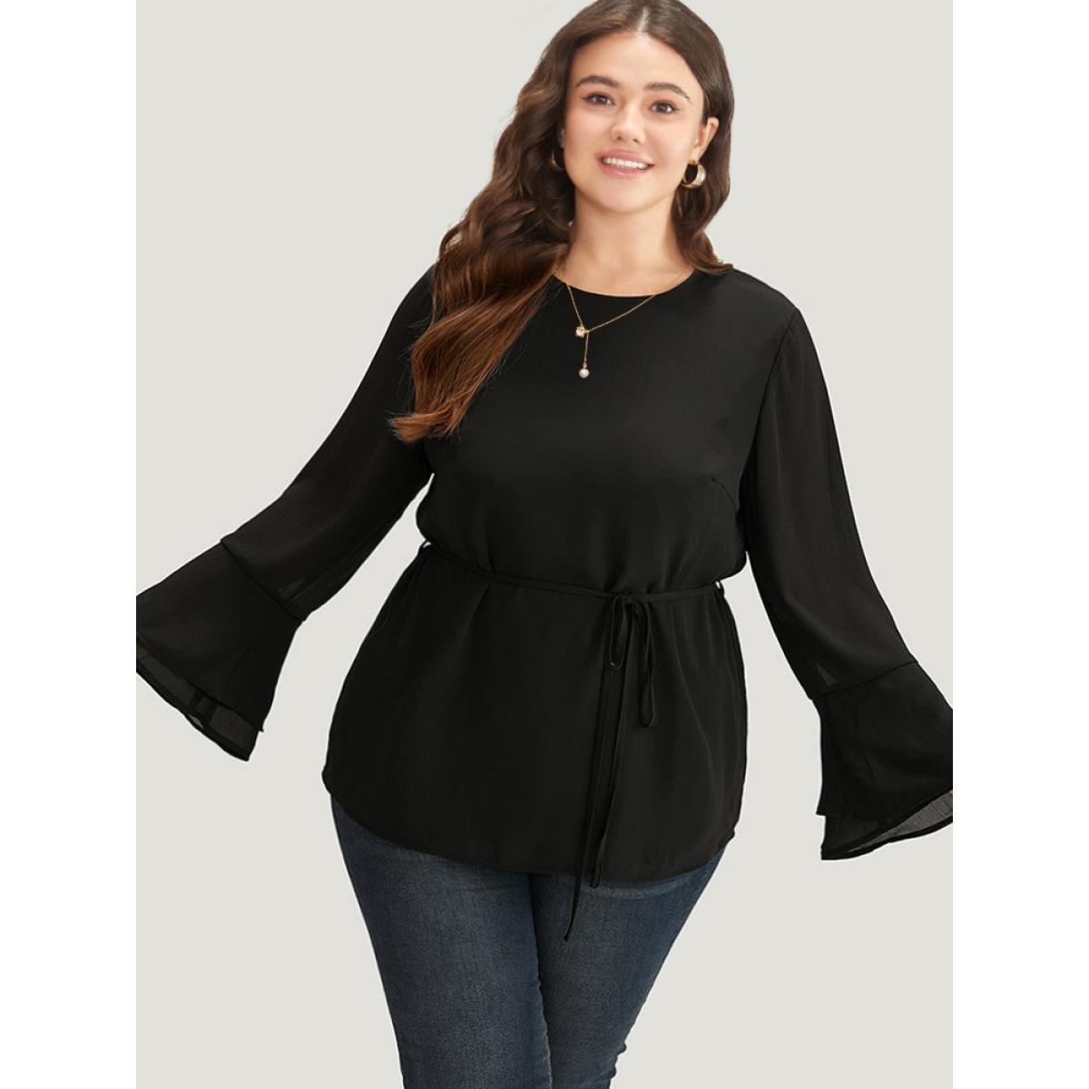 Plus Size Black Chiffon Mesh Tiered Bell Sleeve Blouse Women Office Long Sleeve Round Neck Work Blouses BloomChic 14-16/1X Product Image