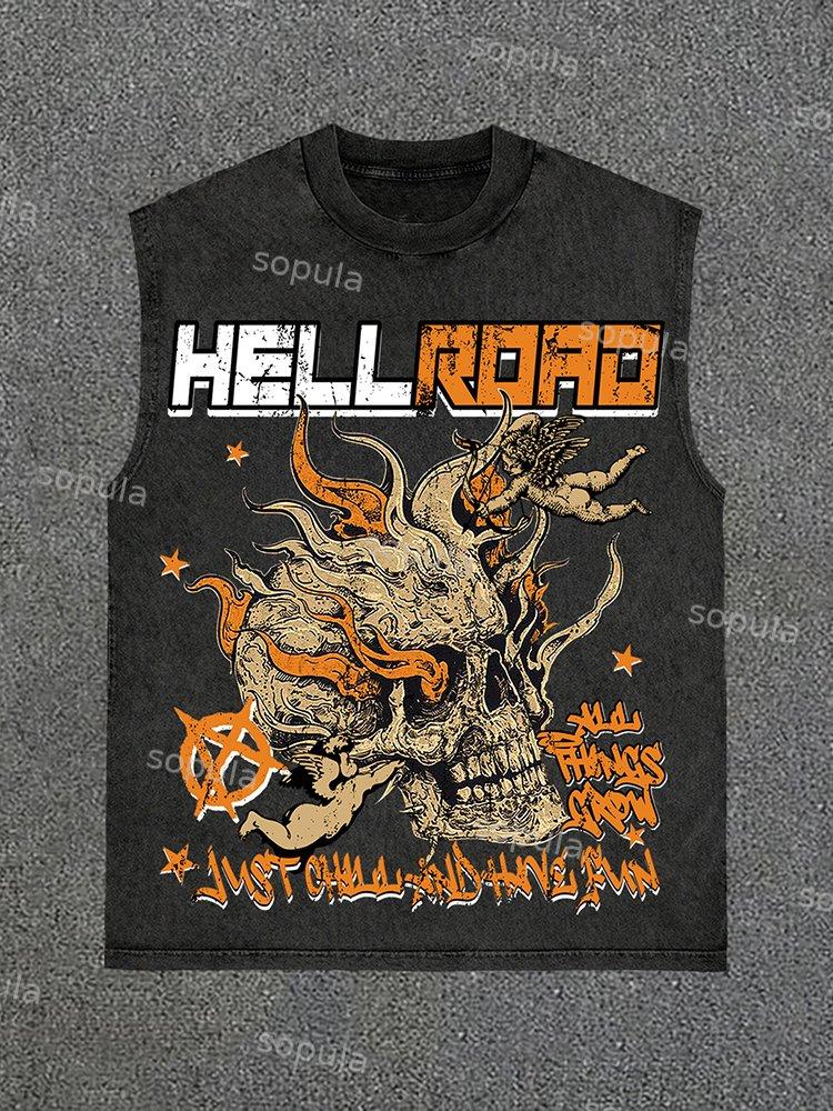 Sopula Hell Road Flame Skull Angel Print Vintage Wash Sleeveless Tank Top Product Image
