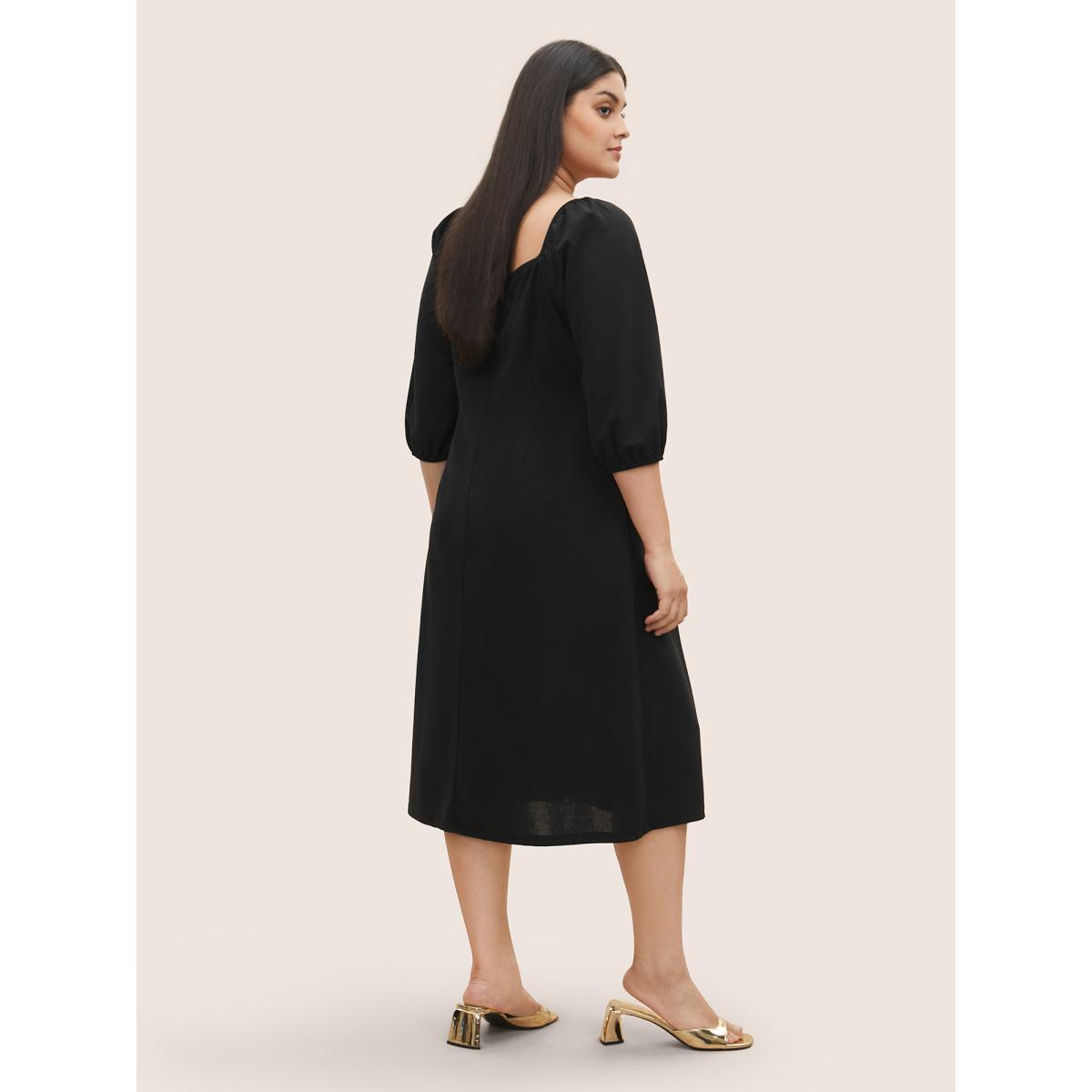 Plus Size Square Neck Button Detail Gathered Split Side Dress Black Women Workwear Essentials Non Square Neck Elbow-length sleeve Curvy Midi Dress BloomChic 18-20/2X Product Image