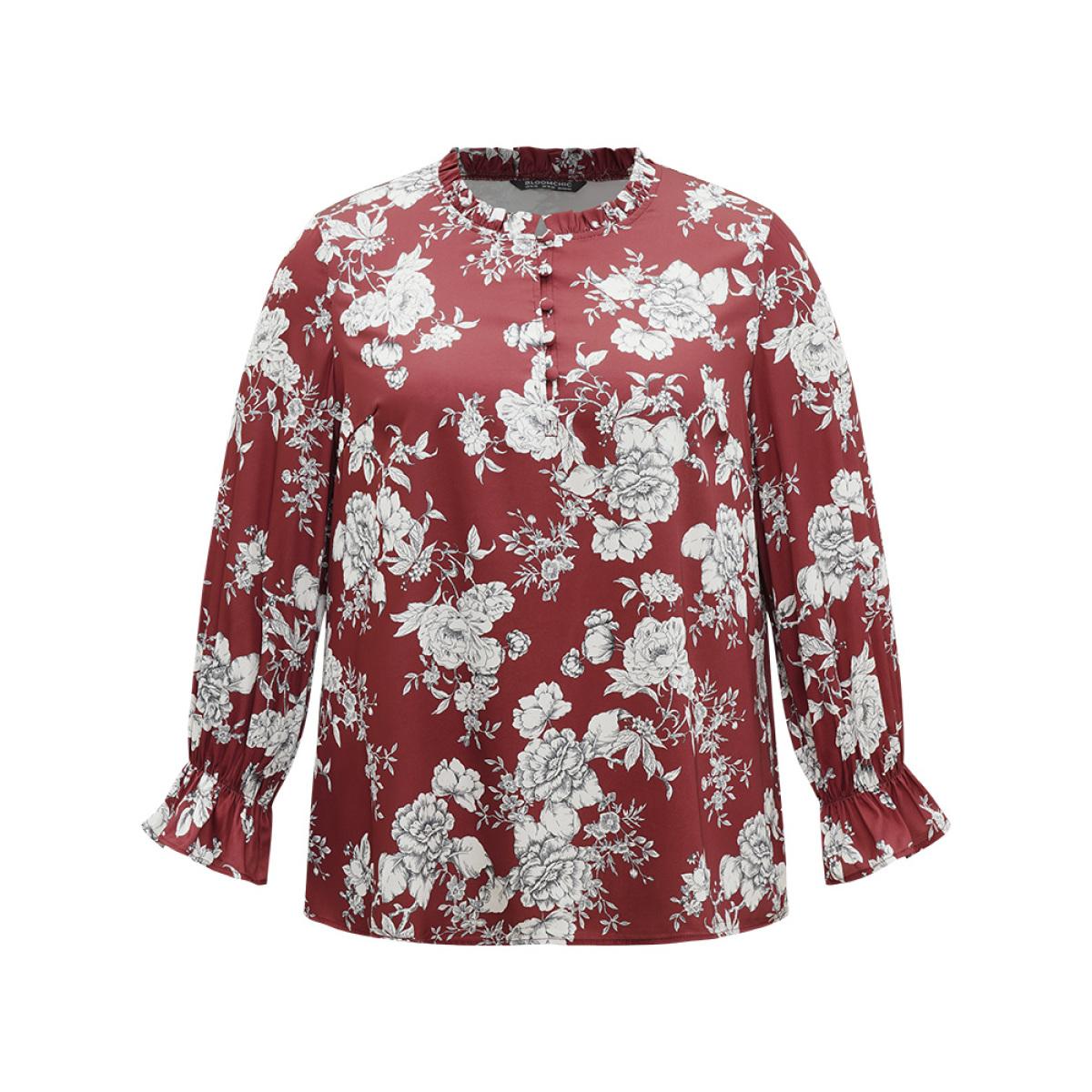 Plus Size Scarlet Silhouette Floral Print Frill Trim Button Detail Blouse Women Elegant Long Sleeve Round Neck Dailywear Blouses BloomChic 26/4X Product Image