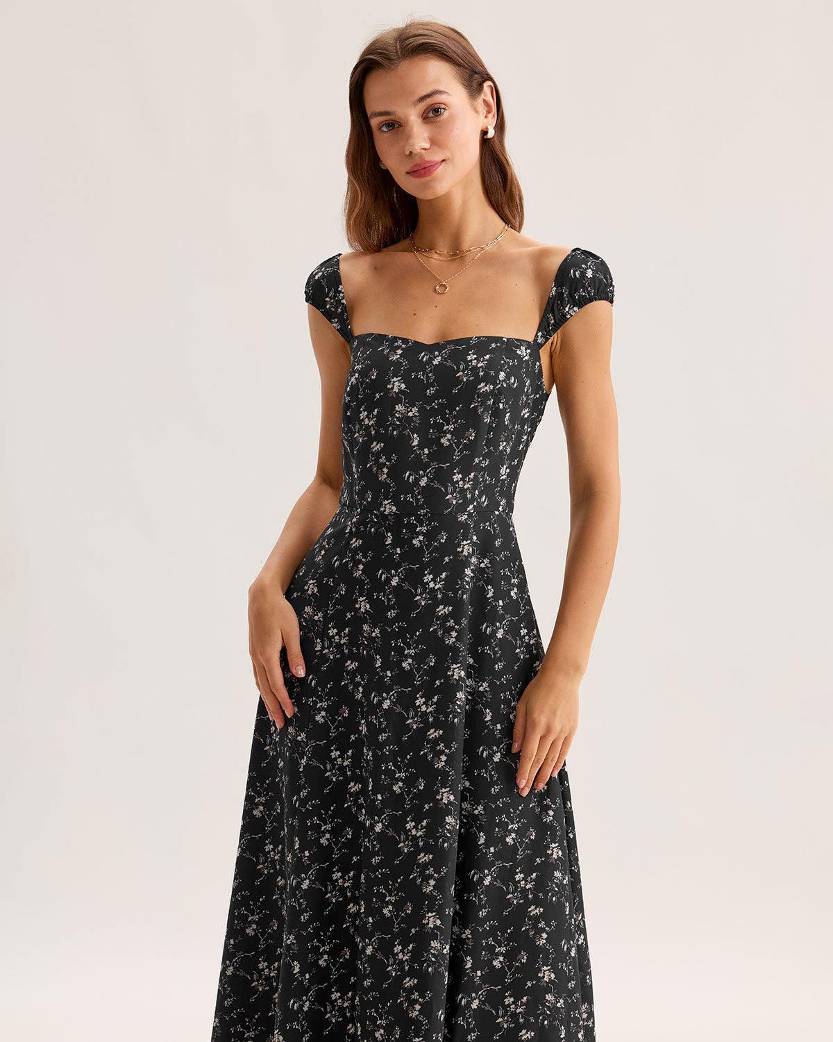 Black Floral Sweetheart Neck Midi Dress Product Image