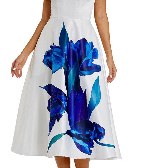 Mac Duggal Satin Placement Floral Print Strapless Neck Sleeveless A-Line Midi Dress Product Image