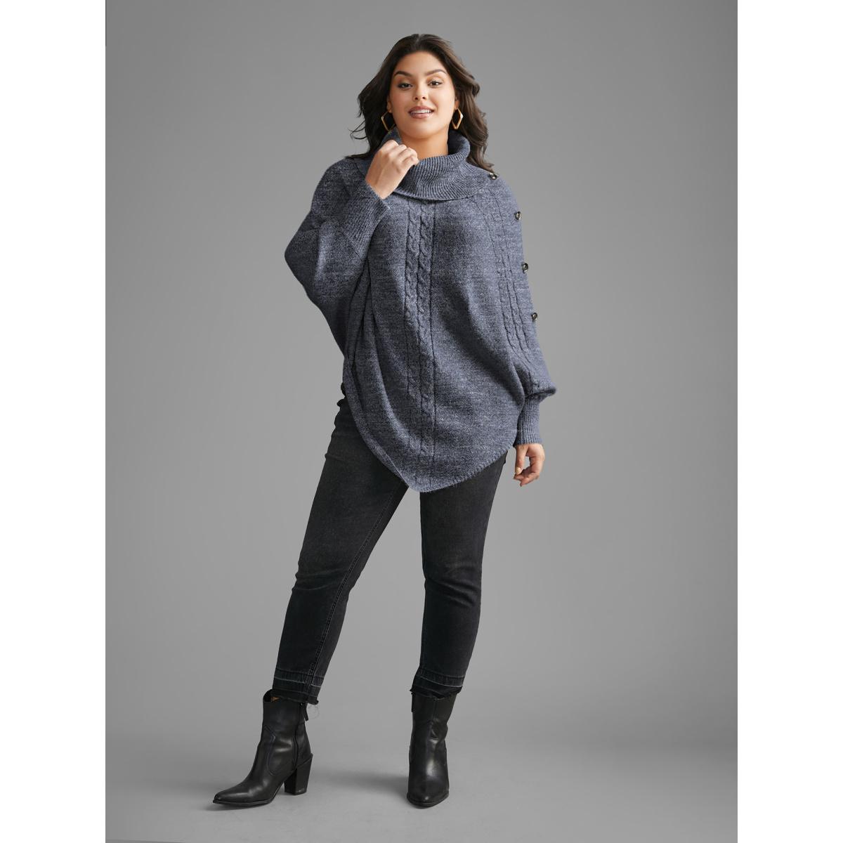 Plus Size Turtleneck Cable Knit Asymmetrical Hem Pullover Stone Women Leisure Loose Long Sleeve Ruffled collar Casual Pullovers BloomChic 10/M Product Image