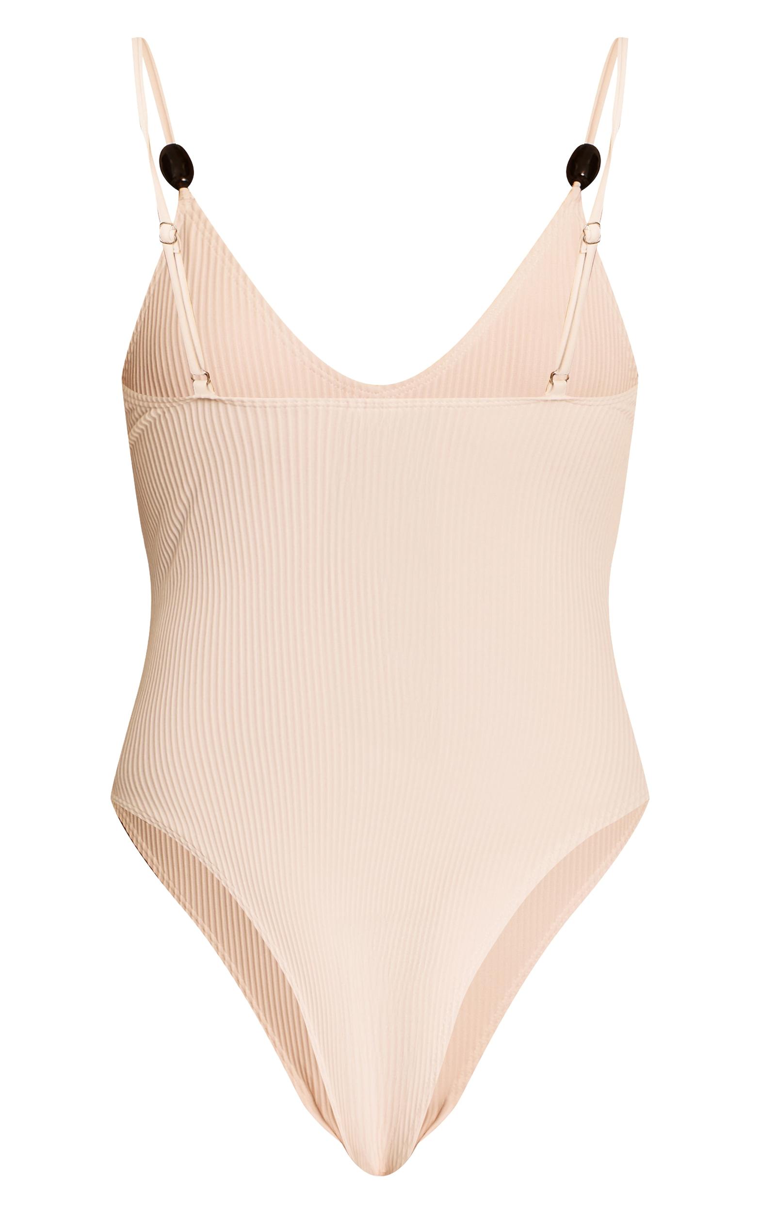 Ivory Ribbed Bead Trim Scoop Backless Swimsuit Product Image