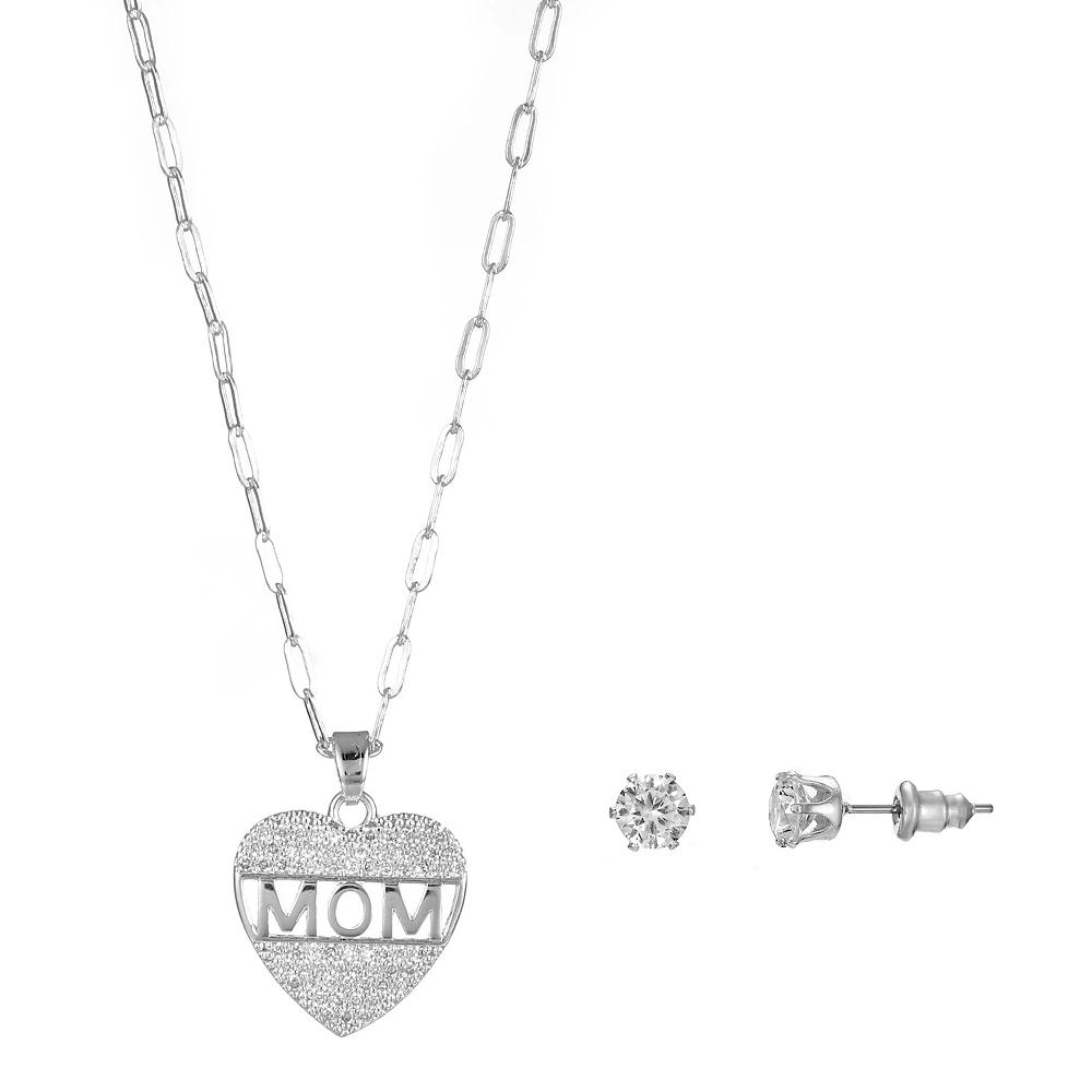 Silver Tone Cubic Zirconia "Mom" Heart Necklace & Stud Earrings Set, Women's Product Image