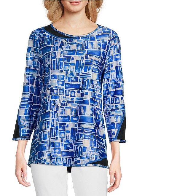 Ali Miles Petite Size Reversible Mesh Knit Round Neck 3/4 Sleeve Hi-Low Hem Tunic Product Image