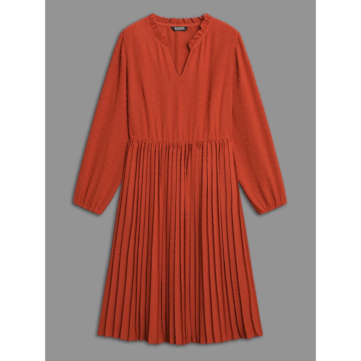 Plus Size Notched Collar Textured Pleated Midi Dress OrangeRed Women Casual Texture Flat collar with V-notch Long Sleeve Curvy BloomChic 14-16/1X Product Image