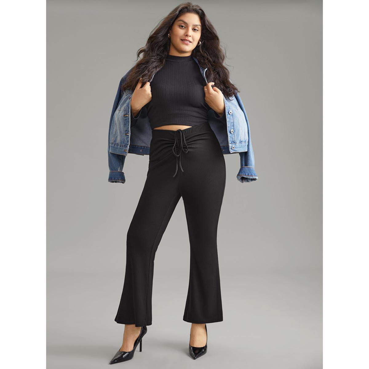 Plus Size Solid Drawstring Ruched Flare Leg Pants Women Black Casual Flare Leg High Rise Dailywear Pants BloomChic 12/L Product Image