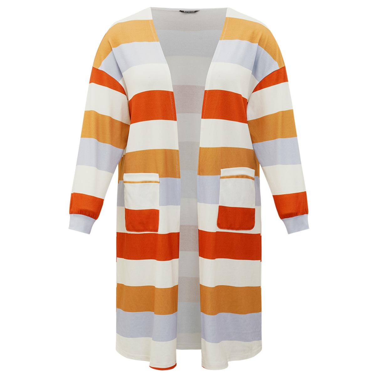 Plus Size Striped Contrast Patched Pocket Open Front Kimono Women Multicolor Casual Elastic cuffs Pocket Dailywear Kimonos BloomChic 12/L Product Image