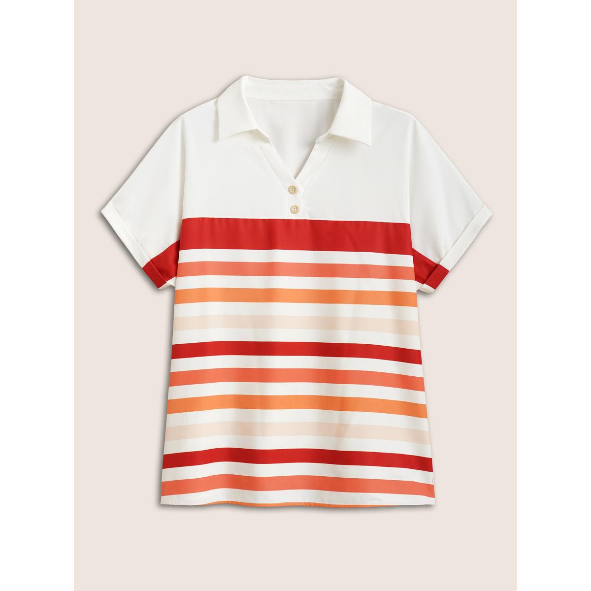 Plus Size Multicolor Striped Contrast Shirt Collar Batwing Sleeve Blouse Women Casual Short sleeve Shirt collar Everyday Blouses BloomChic 12/L Product Image