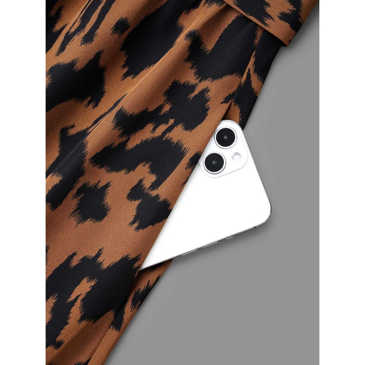 Plus Size Leopard Print Stretchy Waist Belted Dress Yellowishbrown Women Elegant Belted Stand-up collar Long Sleeve Curvy BloomChic 12/L Product Image