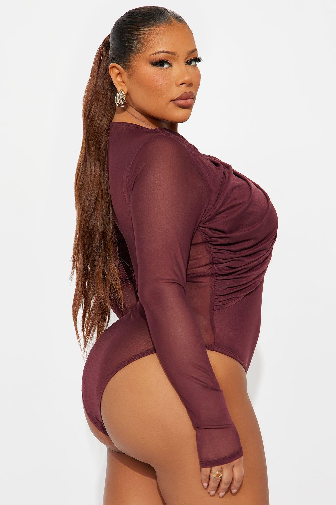 New Demand Ruched Mesh Bodysuit - Burgundy Female Product Image