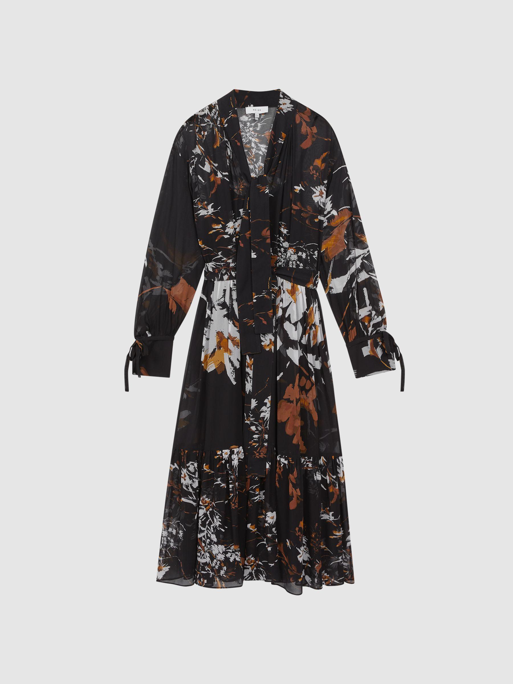 Floral Neck Tie Midi Dress in Black/Brown Product Image