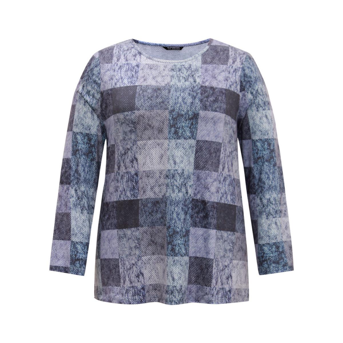 Plus Size Colorblock Contrast Plaid Round Neck T-shirt Aegean Women Casual Contrast Plaid Round Neck Dailywear T-shirts BloomChic 22-24/3X Product Image