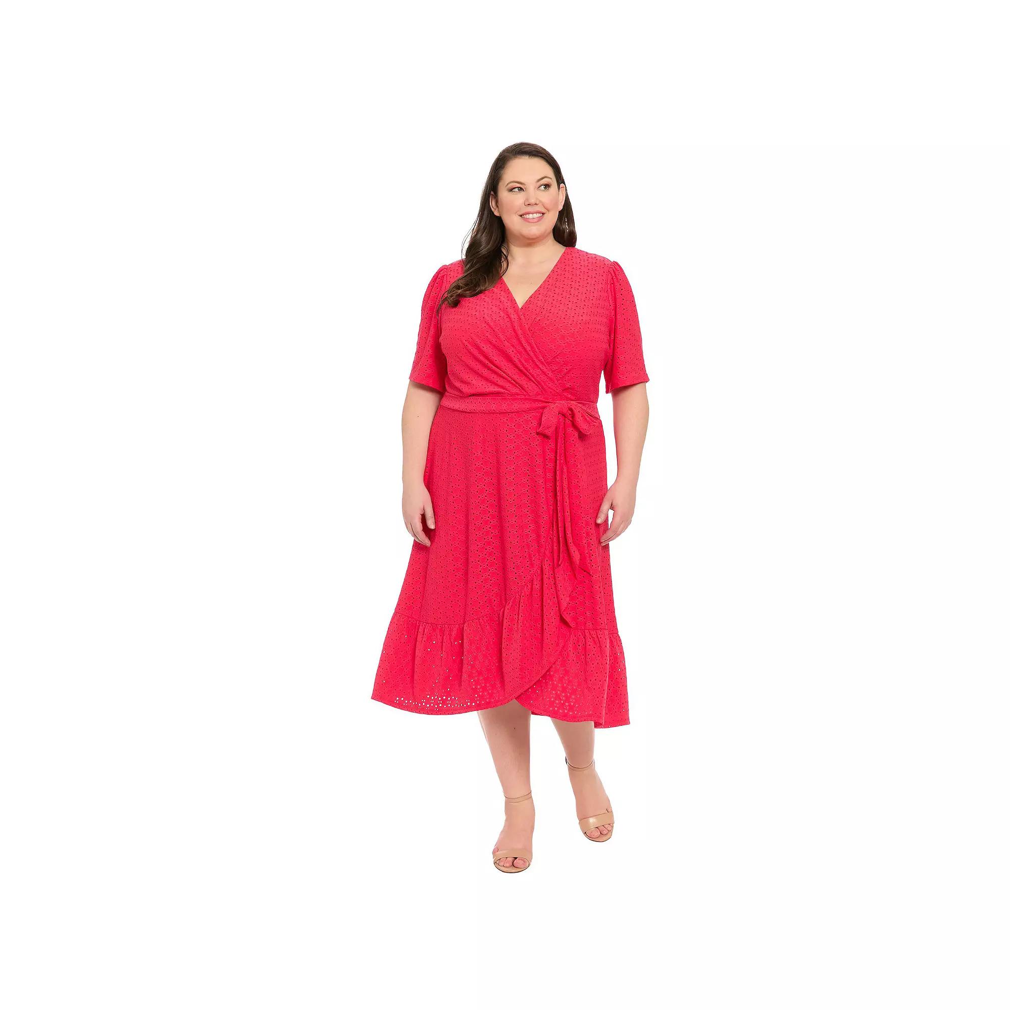 Plus Size London Times Eyelet Ruffle Faux Wrap Dress, Women's, Size: 16 W, Pink Red Product Image