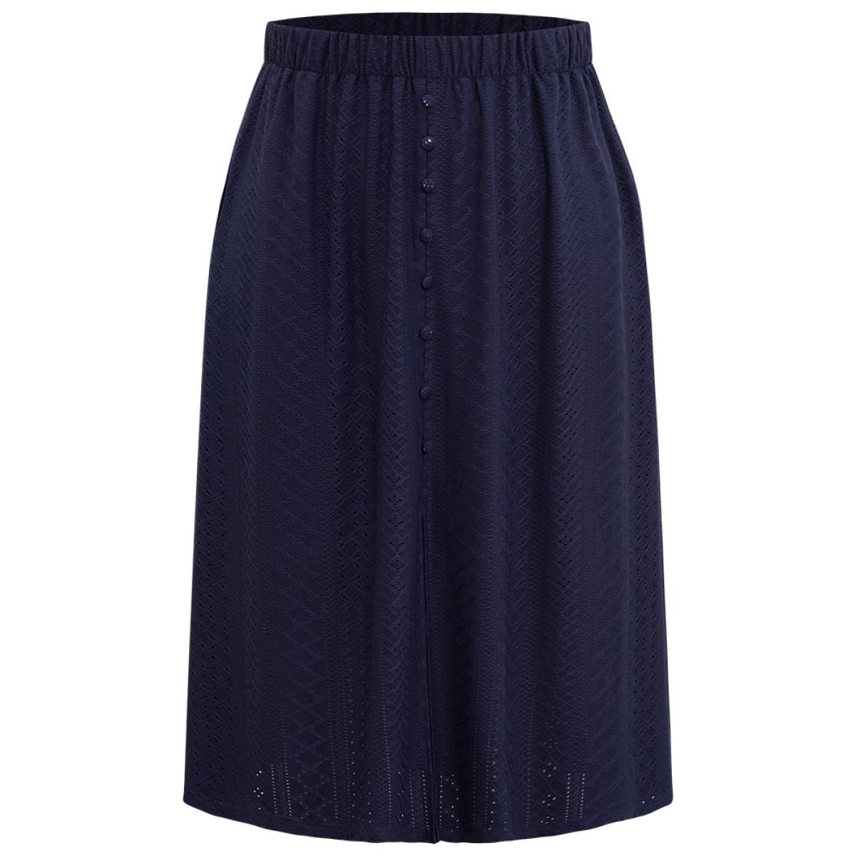 Plus Size Plain Elastic Waist Split Front Cropped Skirt Women Indigo Office Texture Low stretch Pocket Office Skirts BloomChic 12/L Product Image