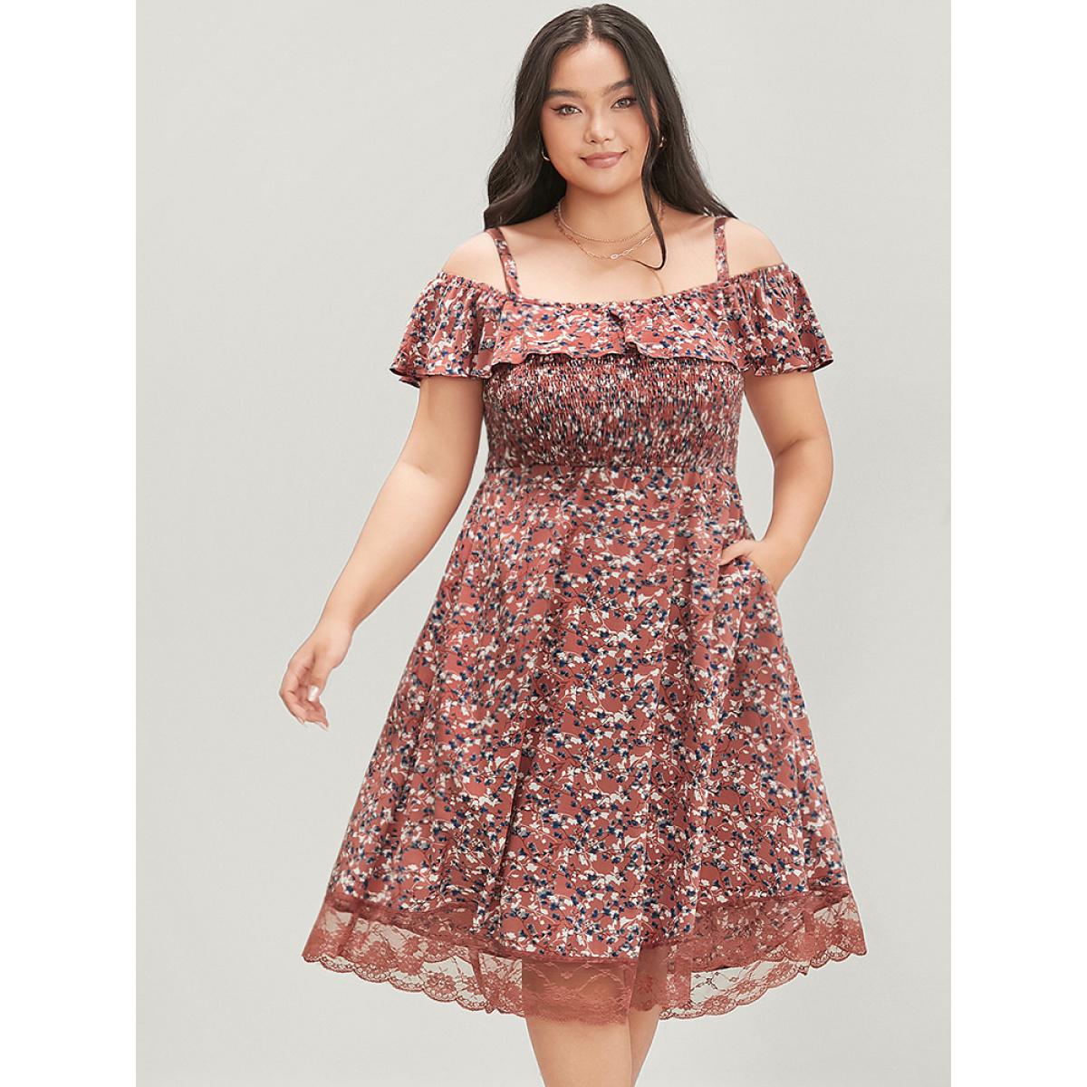 Plus Size Ditsy Floral Cold Shoulder Shirred Pocket Ruffle Lace Hem Dress Salmon Women Elegant Adjustable Straps Cold Shoulder Short sleeve Curvy Knee Dress BloomChic 12/L Product Image