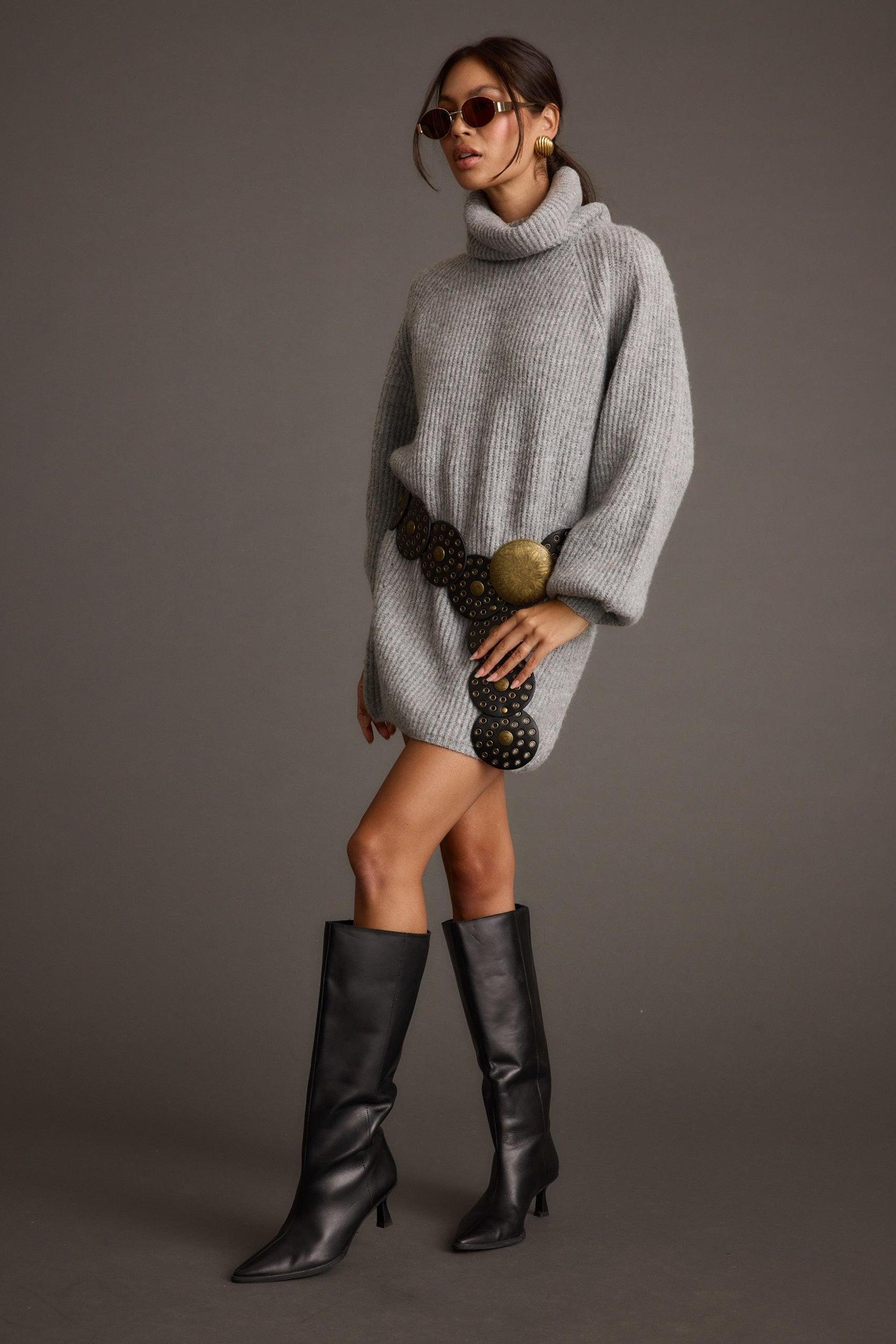 Beau Heather Grey Turtleneck Sweater Mini Dress Product Image