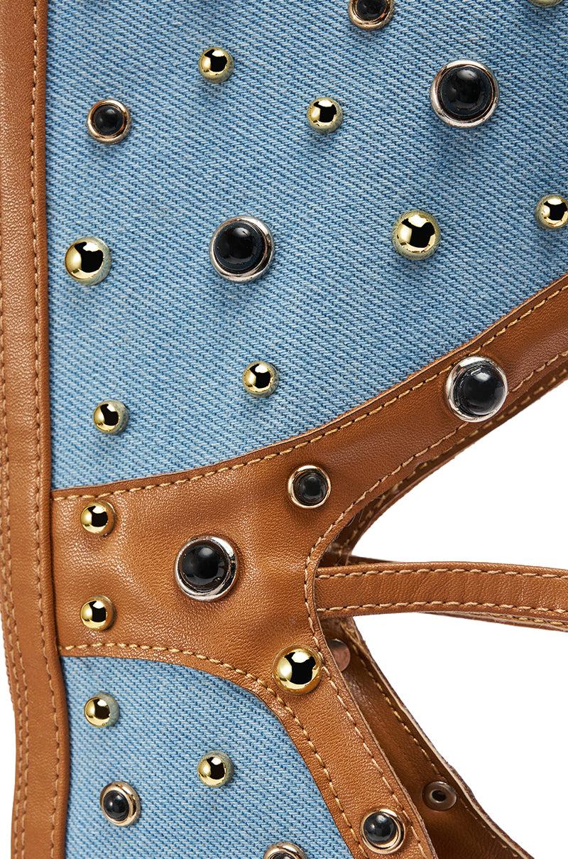 AKIRA GOLD LULANA DENIM METAL STUDDED GLADIATOR STILETTO SANDAL Product Image