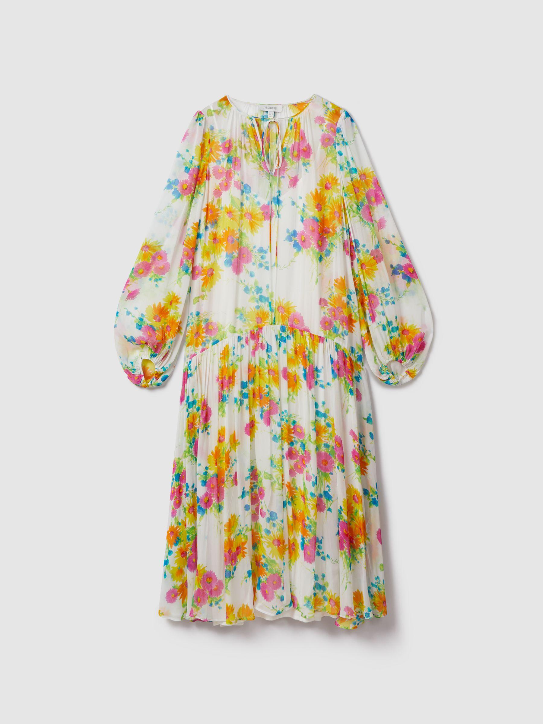 Florere Printed Tie Neck Midi Dress in Ivory/Multi Product Image