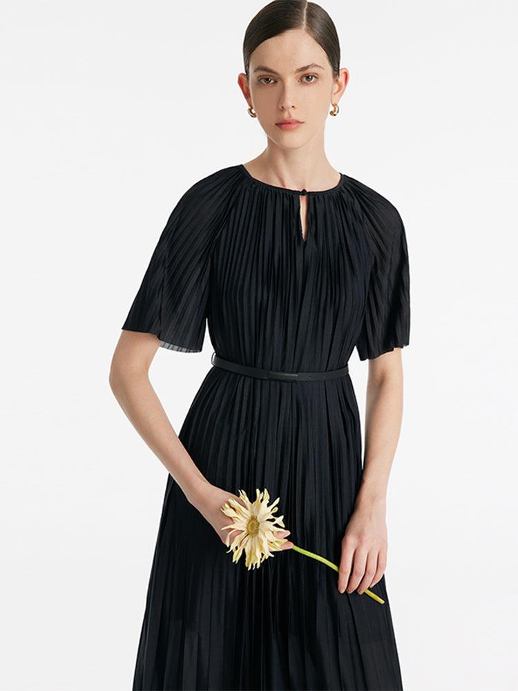 Pleated Round Neck Women Midi Dress With Leather Belt Product Image