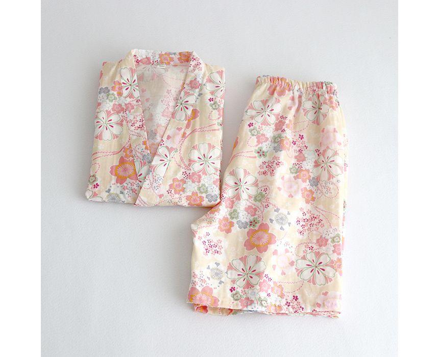 Pajama Set: Elbow-Sleeve Print Kimono Top + Lounge Shorts Product Image