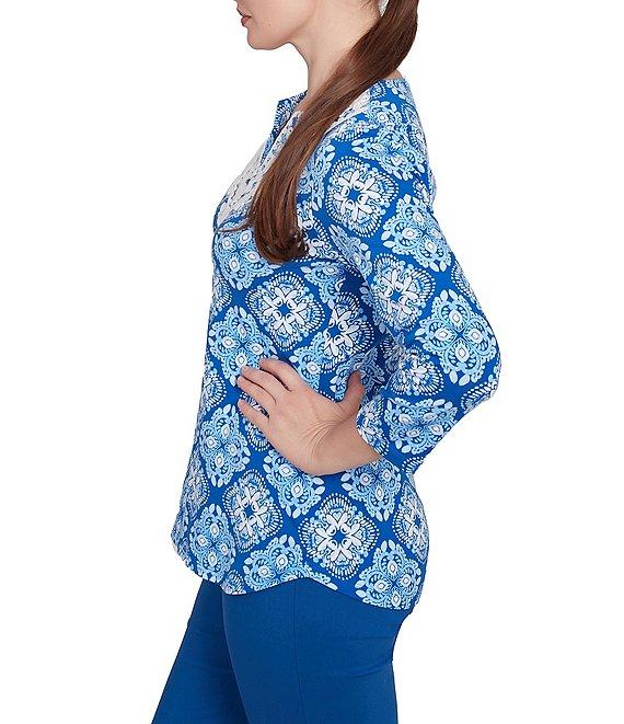 Ruby Rd. Knit Printed Round Split V-Neck 3/4 Sleeve Top Product Image