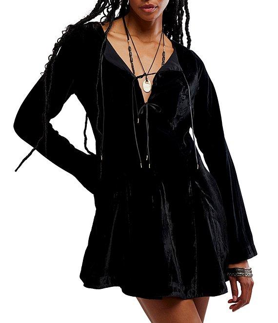Free People Linney V-Neck Tie Front Long Sleeve Velvet Mini Dress Product Image
