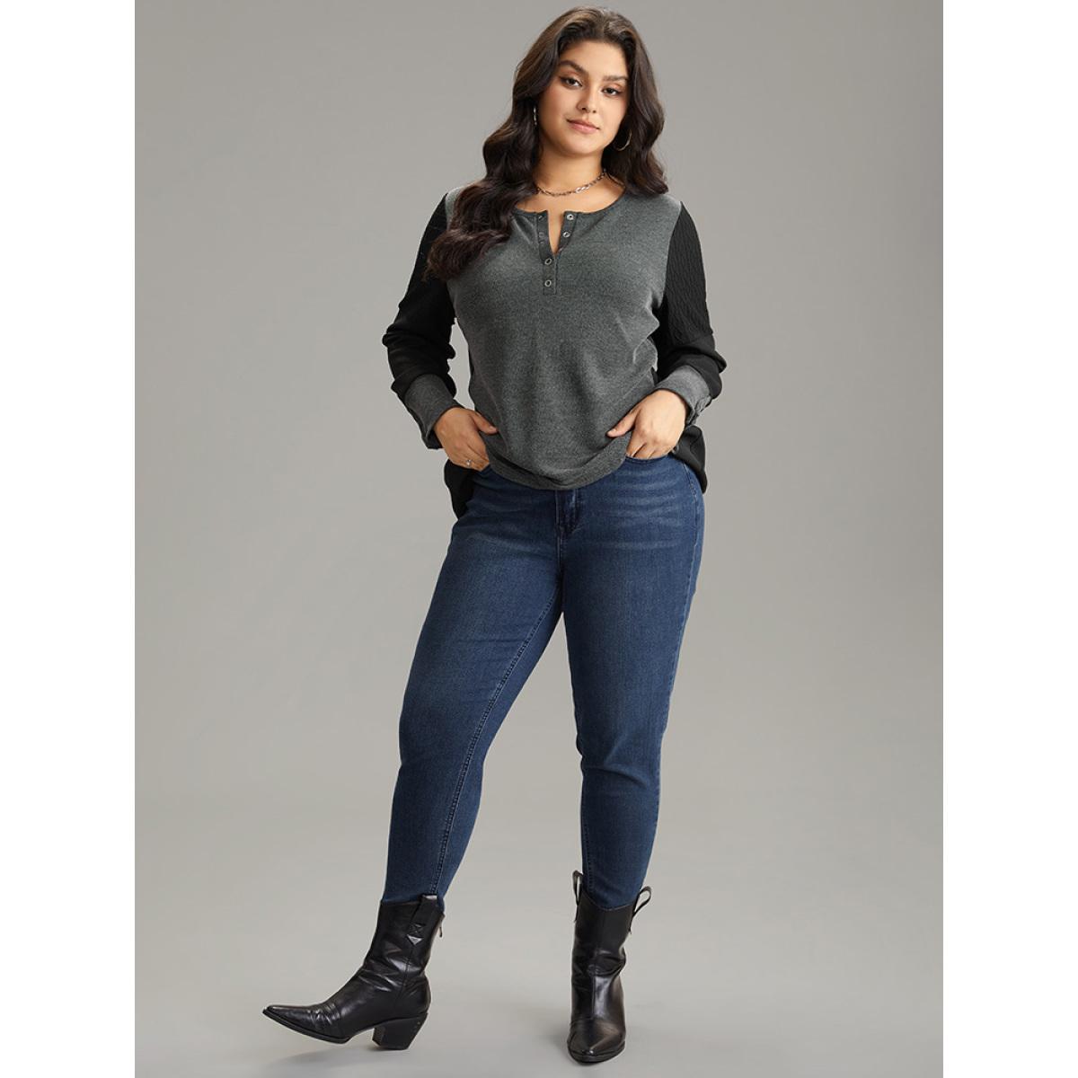 Plus Size Plisse Patchwork Two Tone Button Up T-shirt DimGray Women Casual Texture Plain Open Front Dailywear T-shirts BloomChic 26/4X Product Image