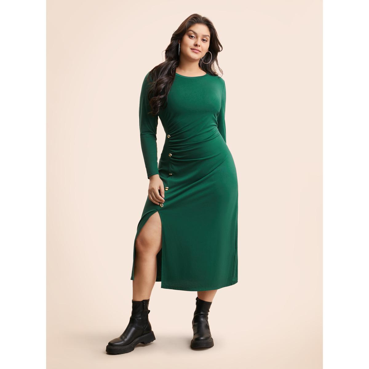Plus Size Plain Button Detail Split Hem Dress DarkGreen Women Casual Gathered Round Neck Long Sleeve Curvy BloomChic 26/4X Product Image