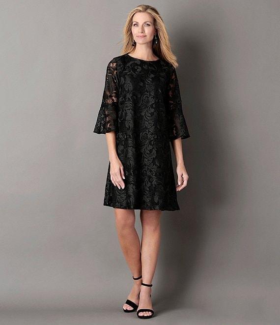 Caroline Rose Bella Soiree Embroidered Mesh Lace 3/4 Bell Sleeve Shift Dress Product Image