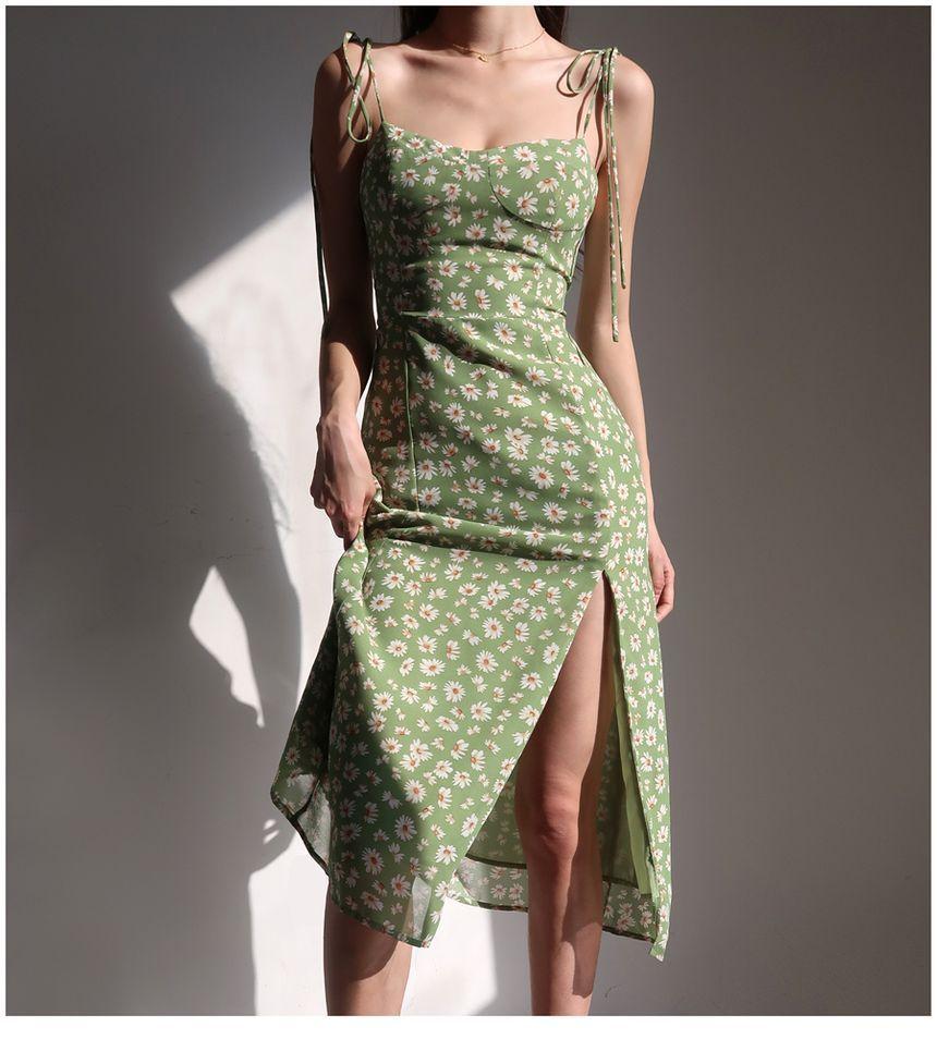 Spaghetti Strap Floral Slim-Fit Slit Midi Dress Product Image