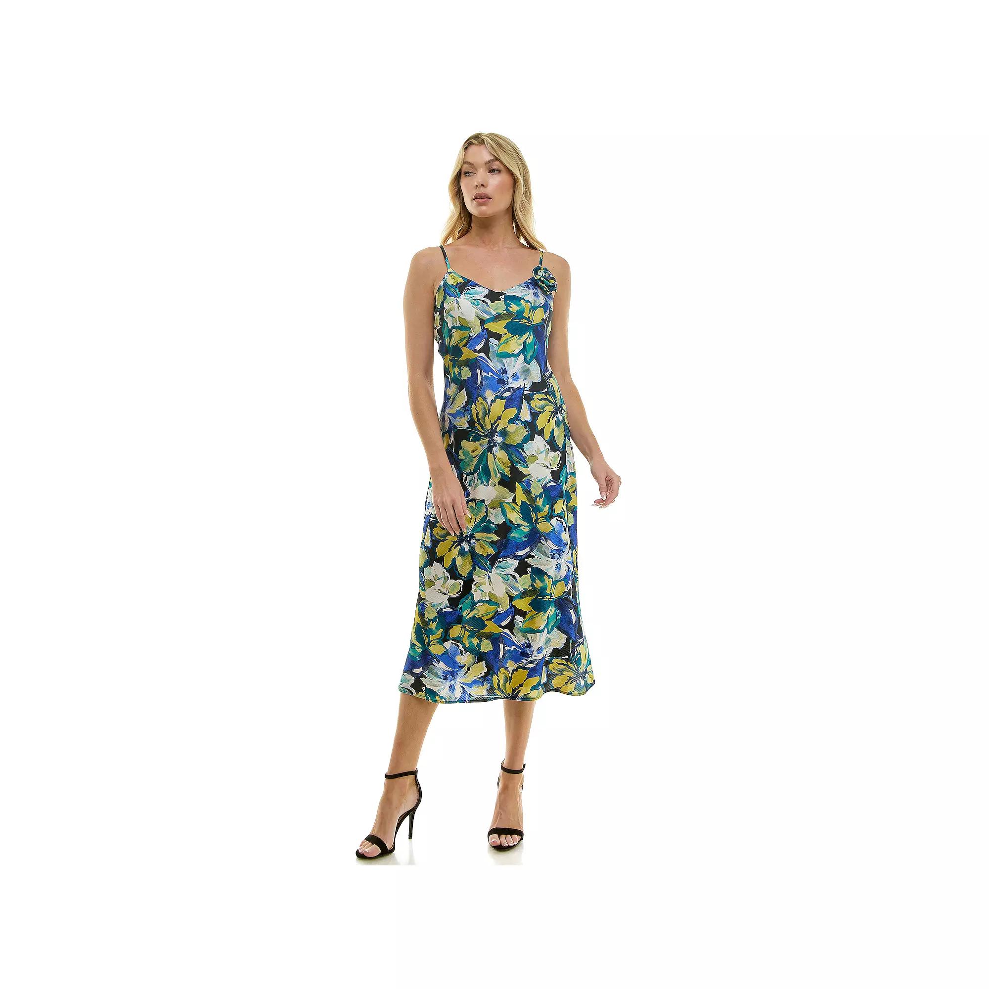 Womens Luxology V-Neck Rosette Bias Satin Midi Dress Navy Green Citron Product Image