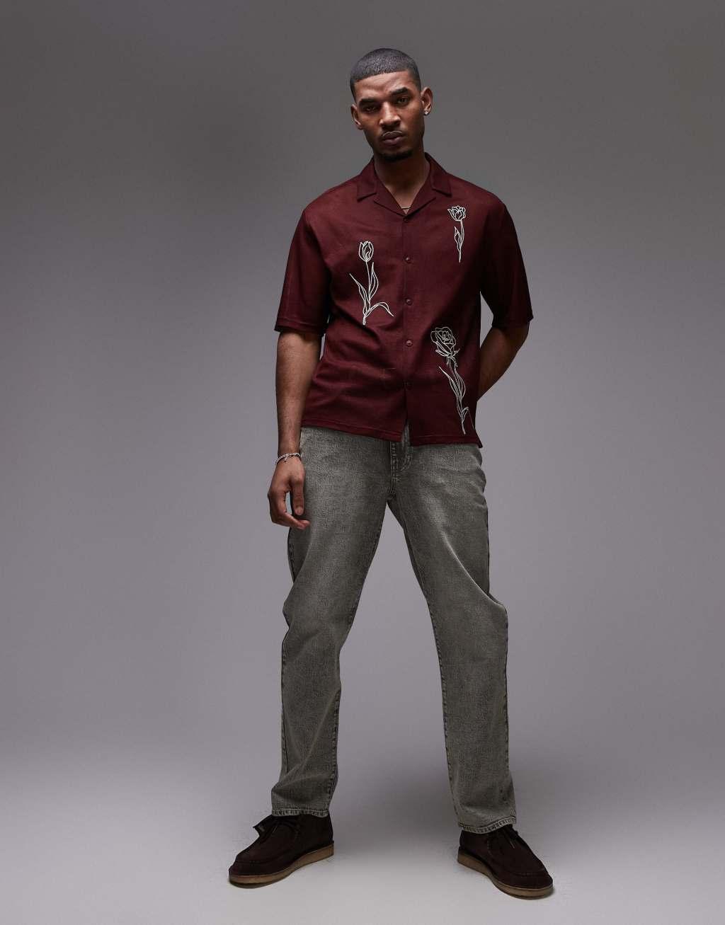 Topman floral embroidery shirt in burgundy Product Image