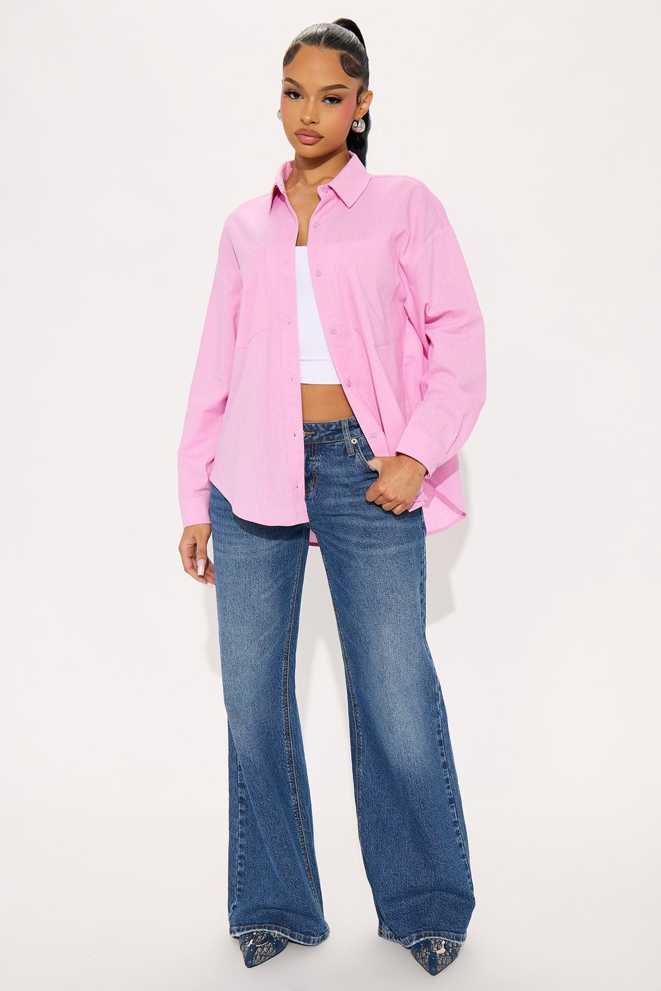 Fresh Lemonade Linen Button Up Shirt - Pink Female Product Image