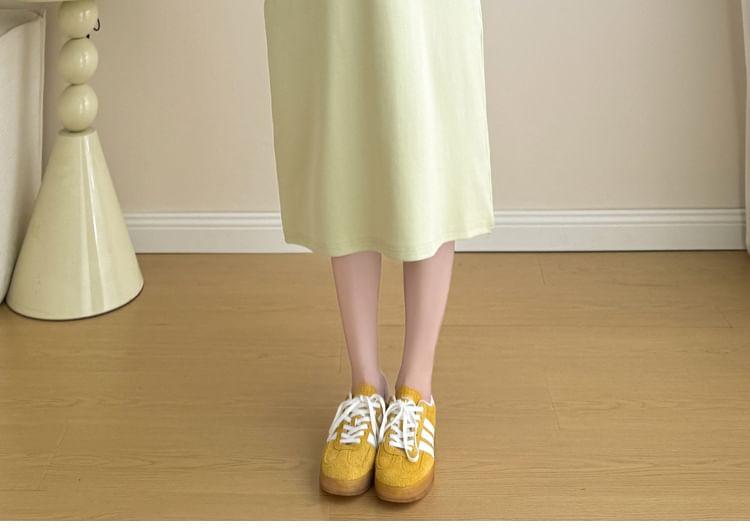 Maternity Short Sleeve Crew Neck Plain Cutout Panel Midi A-Line Dress Product Image