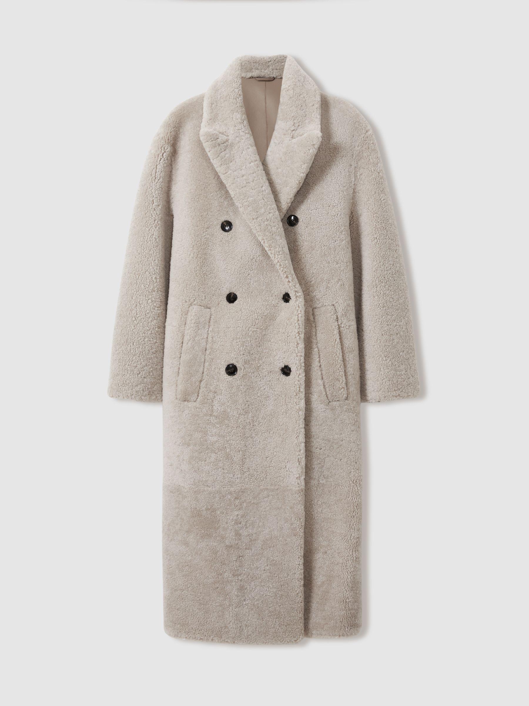 Double Breasted Long Shearling Coat in Neutral Product Image