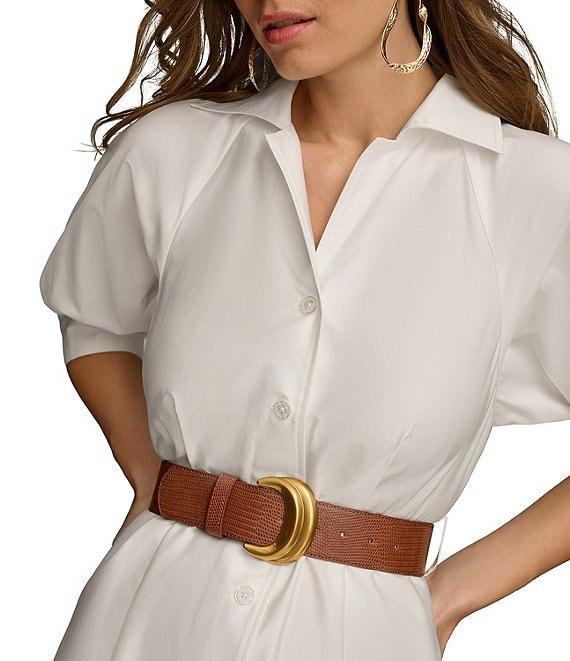 Donna Karan 3/4 Sleeve Collared Neck Belted Pocketed Sateen Midi Dress Product Image