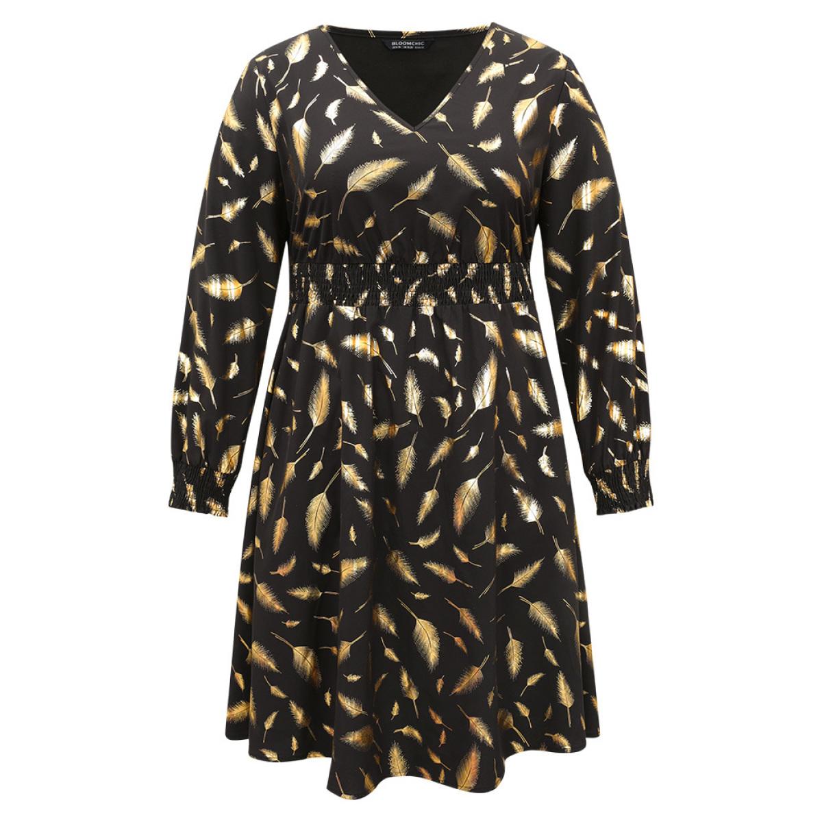 Plus Size Feather Glitter Shirred Elastic Cuffs Dress Black Women Cocktail Printed V-neck Long Sleeve Curvy Midi Dress BloomChic 10/M Product Image