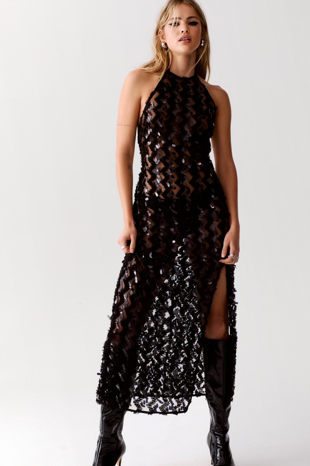 Sheer Zigzag Sequin Open Back Maxi Dress Product Image