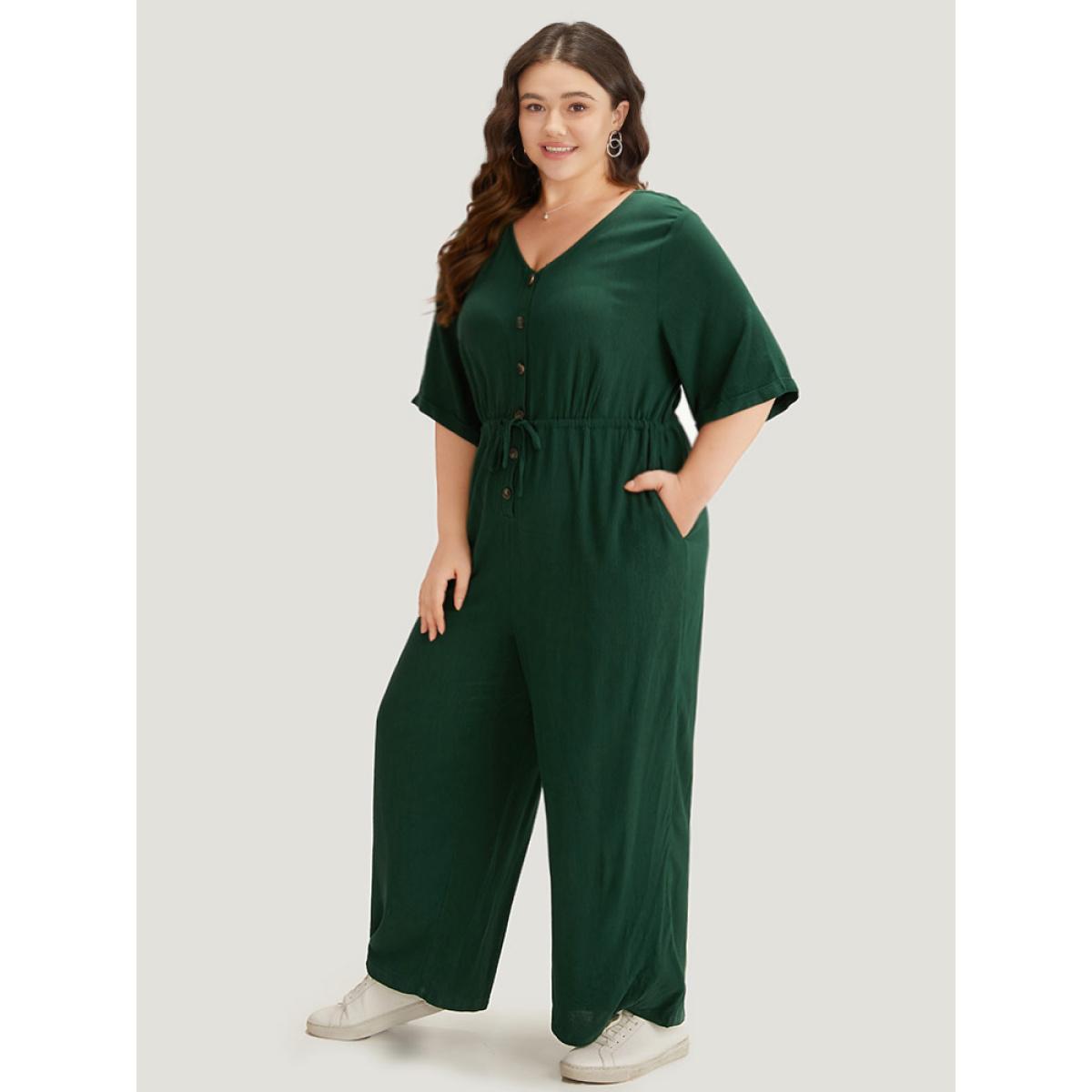 Plus Size Cyan Plain Textured V Neck Pocket Button Through Drawstring Jumpsuit Women Casual Half Sleeve V-neck Dailywear Loose Jumpsuits BloomChic 14-16/1X Product Image