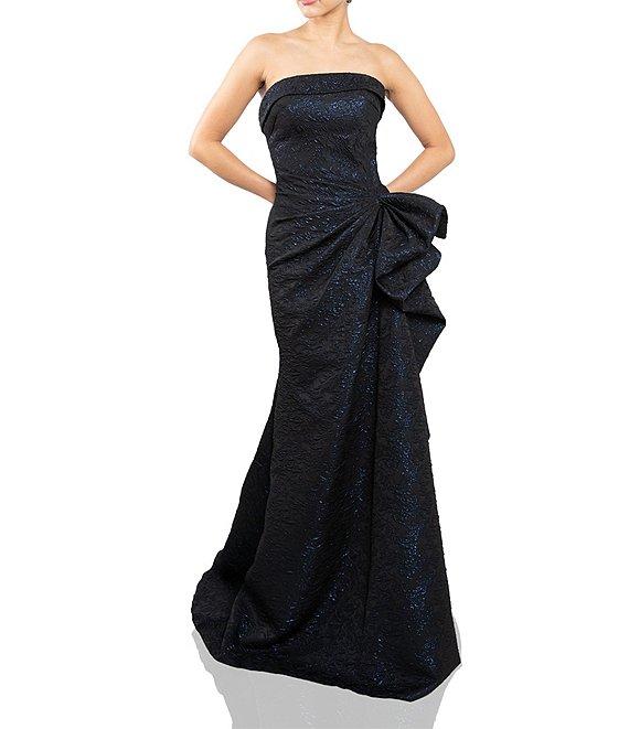Terani Couture Brocade Strapless Sleeveless Gathered Side Ruffle Gown Product Image