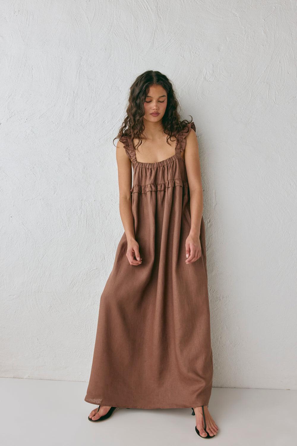 Rossana Linen Maxi Dress Chocolate Product Image