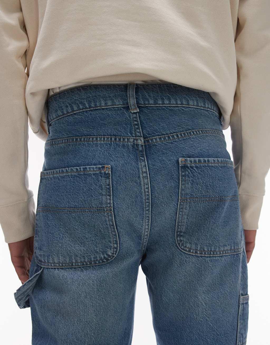 Topman rigid straight leg carpenter jeans in mid wash blue | ASOS Product Image