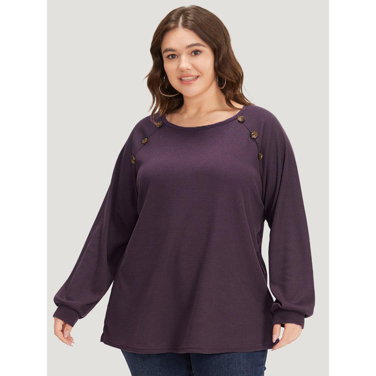 Plus Size Plain Waffle Knit Button Detail Crew Neck Raglan Sleeve T-shirt Purple Women Casual Elastic cuffs Plain Round Neck Dailywear T-shirts BloomChic 12/L Product Image